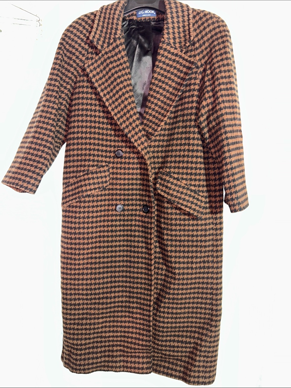 Vintage Women's Brown & Black Houndstooth  wool Long Coat